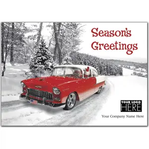 Classically Cool Car Holiday Logo Card featuring a vintage car illustration and space for a custom corporate logo