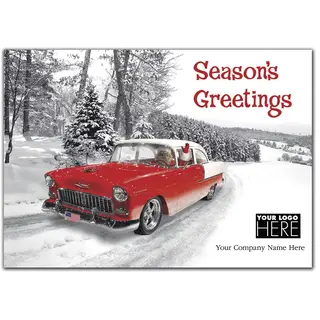 Classically Cool Car Holiday Logo Card featuring a vintage car illustration and space for a custom corporate logo