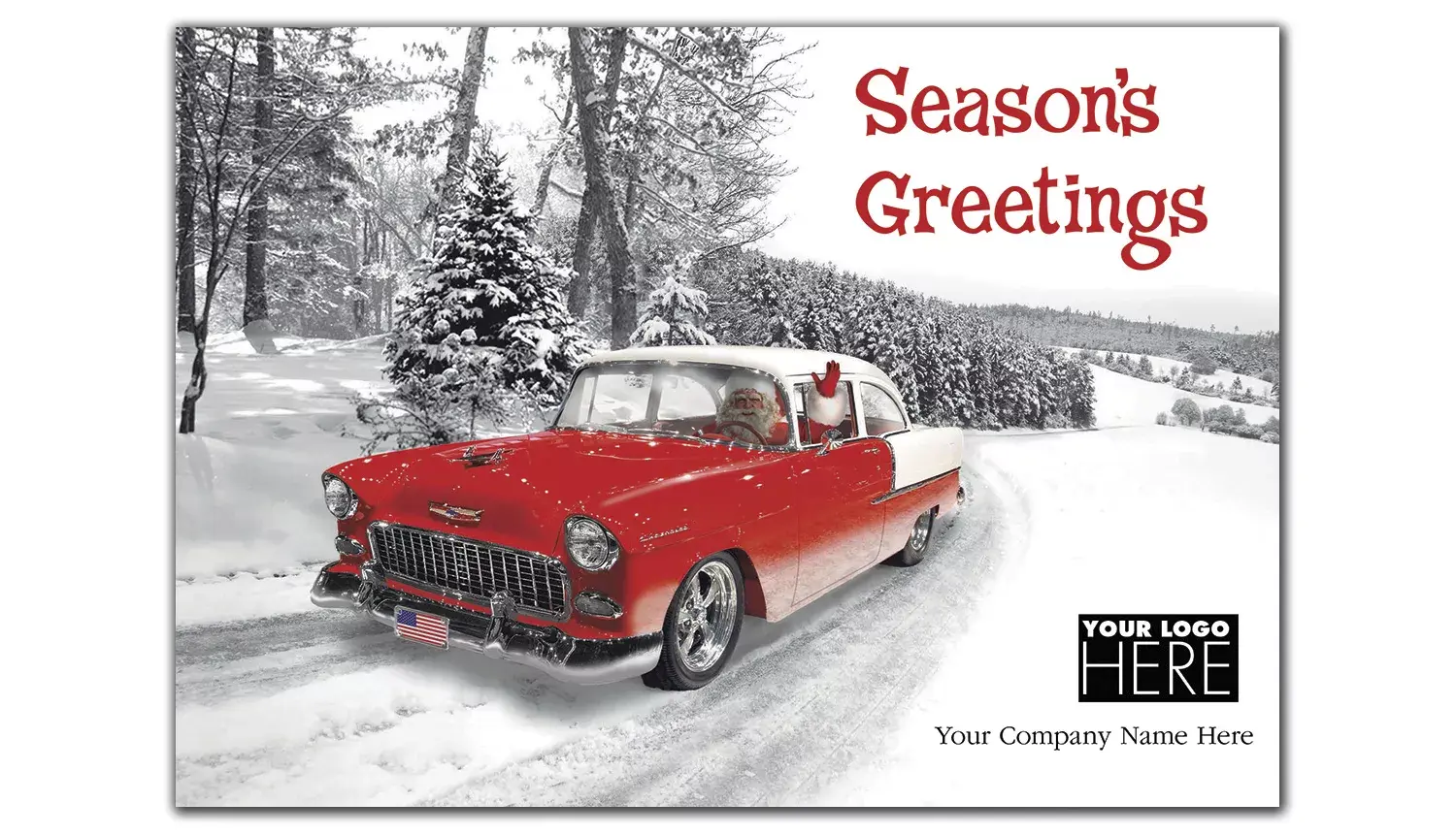 Classically Cool Car Holiday Logo Card featuring a vintage car illustration and space for a custom corporate logo