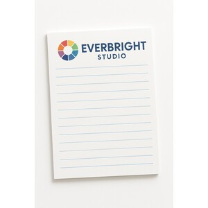 Custom full color notepads (4 1/4" x 5 1/2"), with 25 sheets per pad on 60 lb. paper with a personalized logo.
