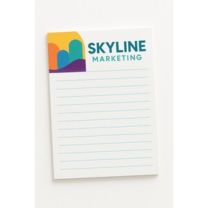 Custom full color notepads (4 1/4" x 5 1/2"), with 50 sheets per pad on 60 lb. paper with a personalized logo.