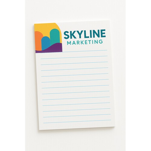 Custom full color notepads (4 1/4" x 5 1/2"), with 50 sheets per pad on 60 lb. paper with a personalized logo.