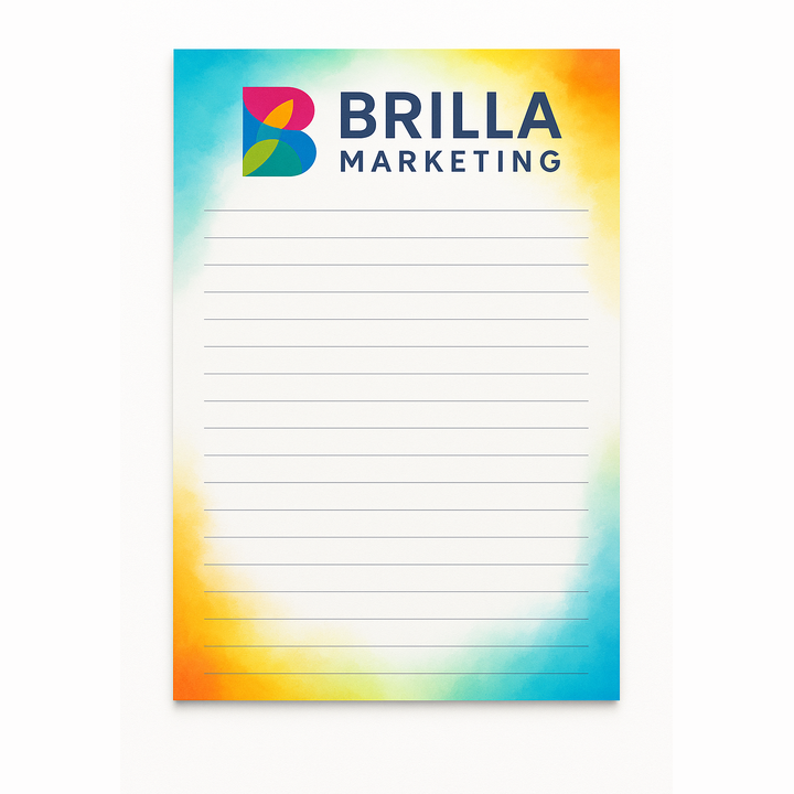 Custom full color notepads (8 1/2" x 11"), showing 25 sheets of 60 lb. paper with a personalized corporate logo.