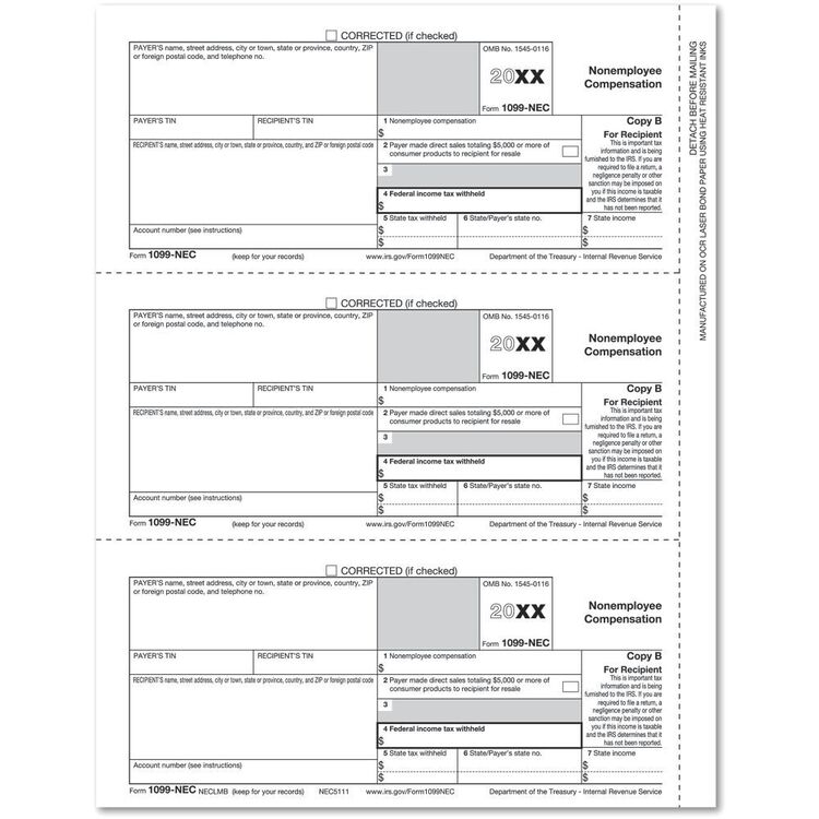 Bulk 1099-NEC tax forms, Recipient Copy B - 3 filings per sheet, for laser printers