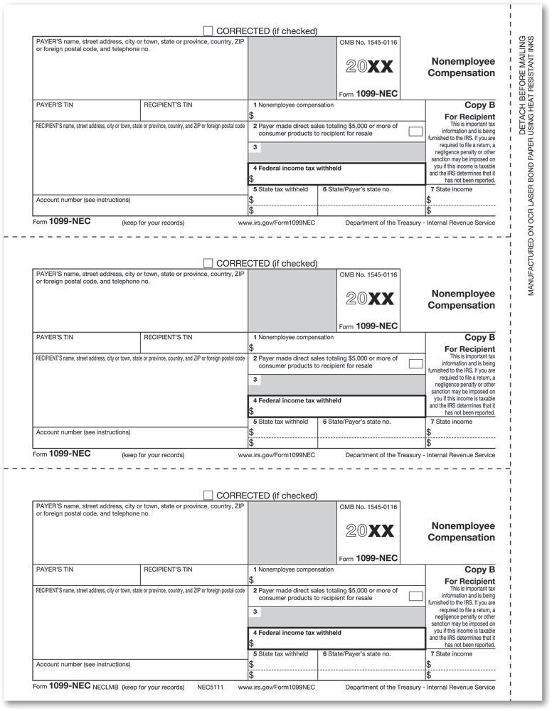 Bulk 1099-NEC tax forms, Recipient Copy B - 3 filings per sheet, for laser printers