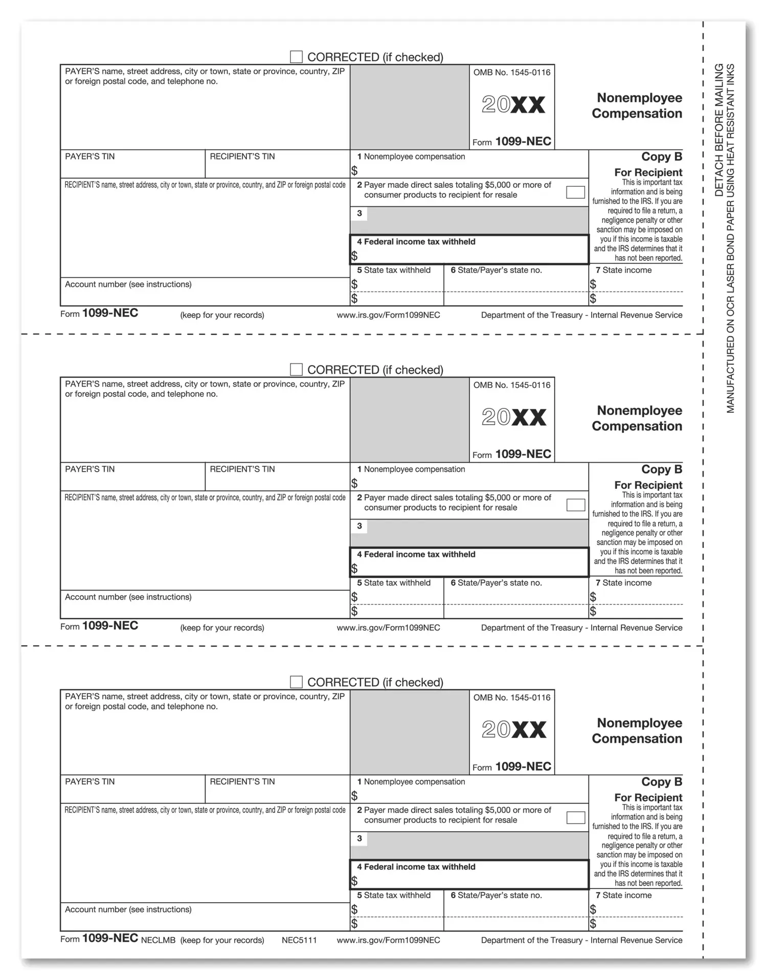 Bulk 1099-NEC tax forms, Recipient Copy B - 3 filings per sheet, for laser printers