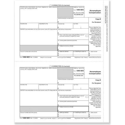 Bulk 1099-NEC tax forms, Recipient Copy B - 2 filings per sheet, for laser printers