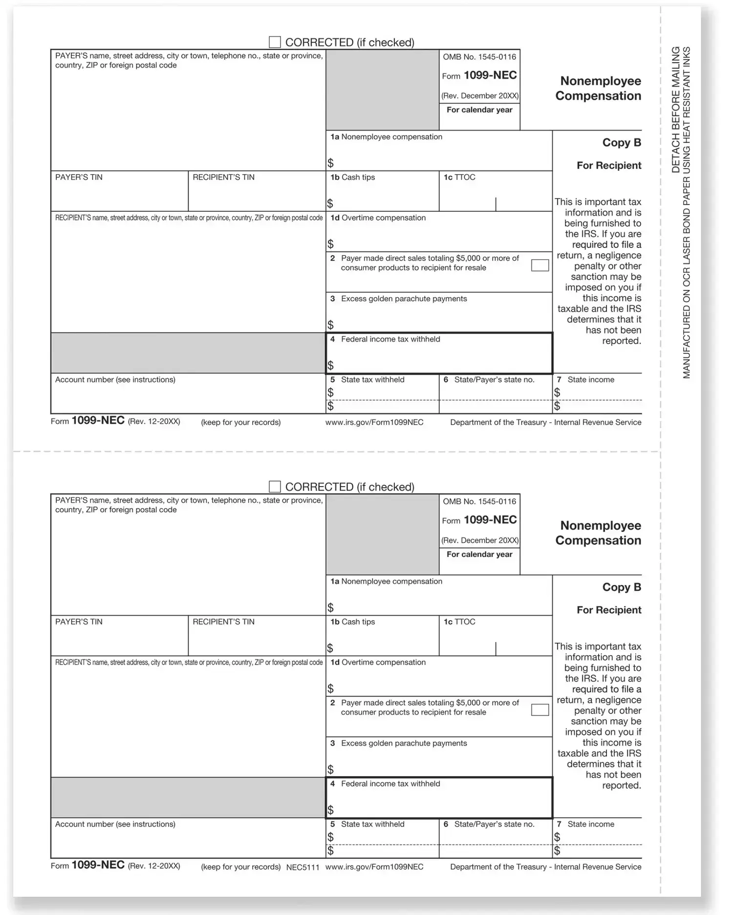 Bulk 1099-NEC tax forms, Recipient Copy B - 2 filings per sheet, for laser printers