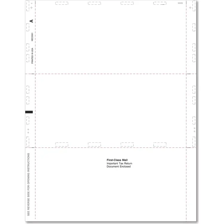 1099-NEC Blank Z-Fold Tax Form, 11-inch paper stock, used for creating sealed self-mailers in bulk