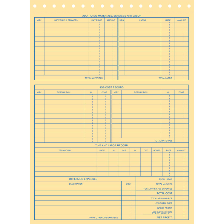 HVAC service form back print with job cost