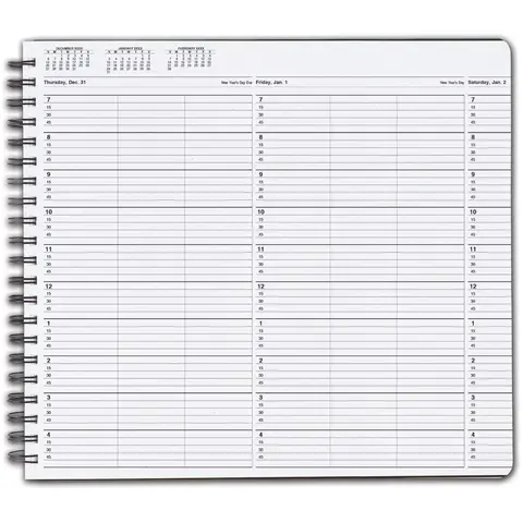 Open TimeScan 3-column wirebound book showing appointment slots with 15-minute time intervals