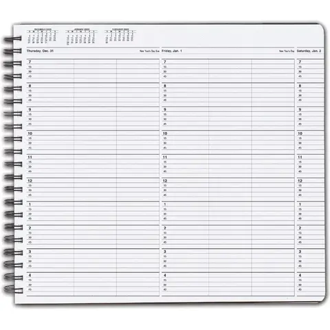 Open TimeScan 3-column wirebound book showing appointment slots with 15-minute time intervals