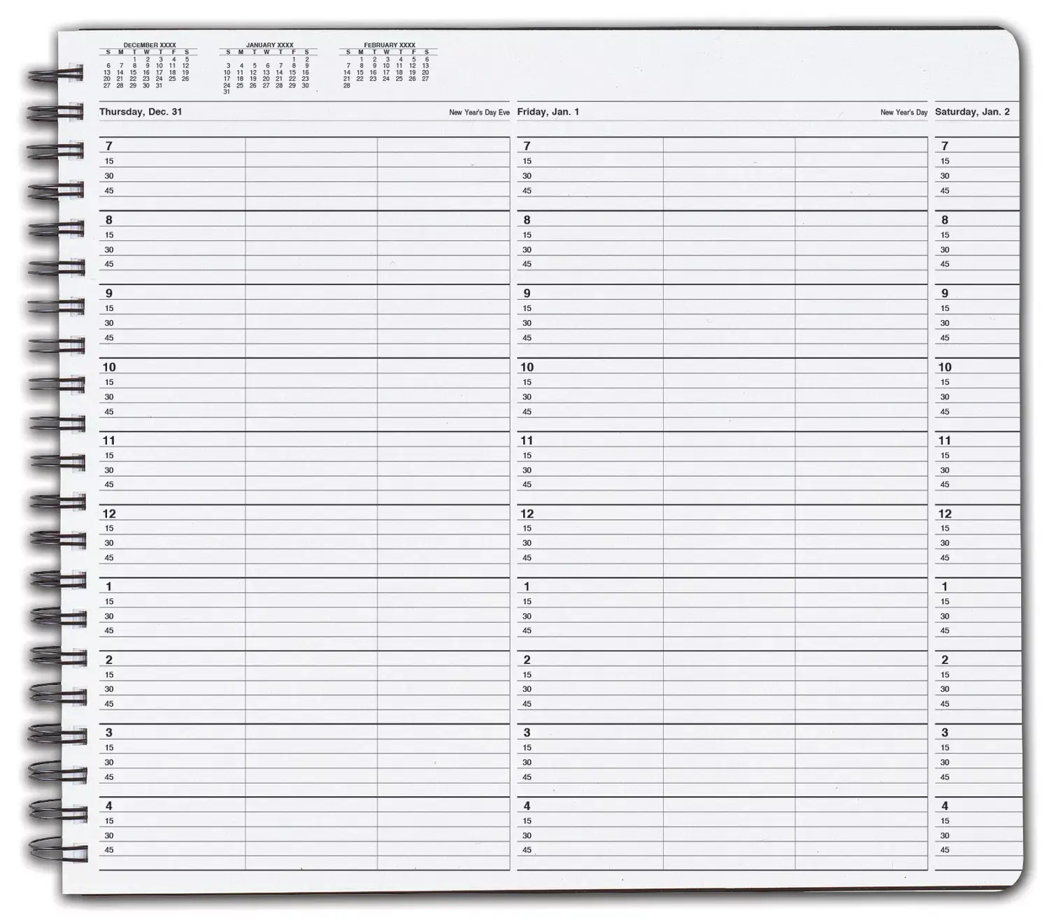 Open TimeScan 3-column wirebound book showing appointment slots with 15-minute time intervals