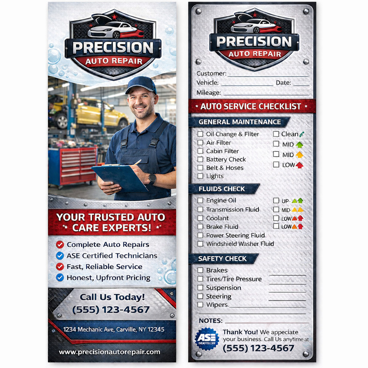 Two 4x9 inch rack cards shown side-by-side to display the front and back full-color printing on glare-free cardstock.