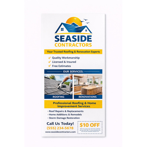 Custom 4x9 rack cards on gloss stock showing a full color front and a blank back side