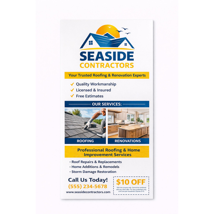 Custom 4x9 rack cards on gloss stock showing a full color front and a blank back side