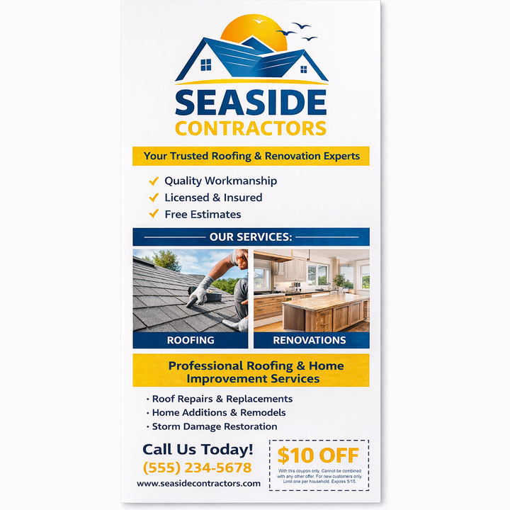 Custom 4x9 rack cards on gloss stock showing a full color front and a blank back side