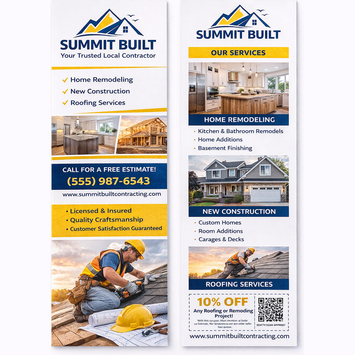 4x9 inch rack cards on 100lb gloss cover cardstock, showing a full color design on both the front and the back