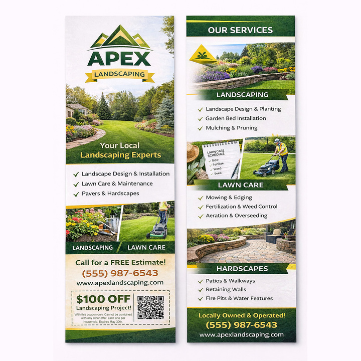4x9 inch rack cards on 14pt C2S stock showing full-color front and back printing for a professional landscaping company
