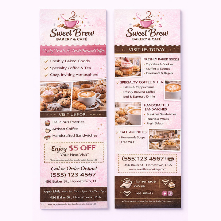 Thick 16pt retail rack cards displayed at a coffee shop