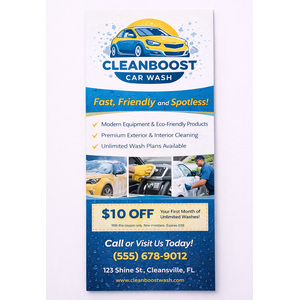 14pt C2S rack cards showing a brilliant, high-shine UV gloss front for a car wash business