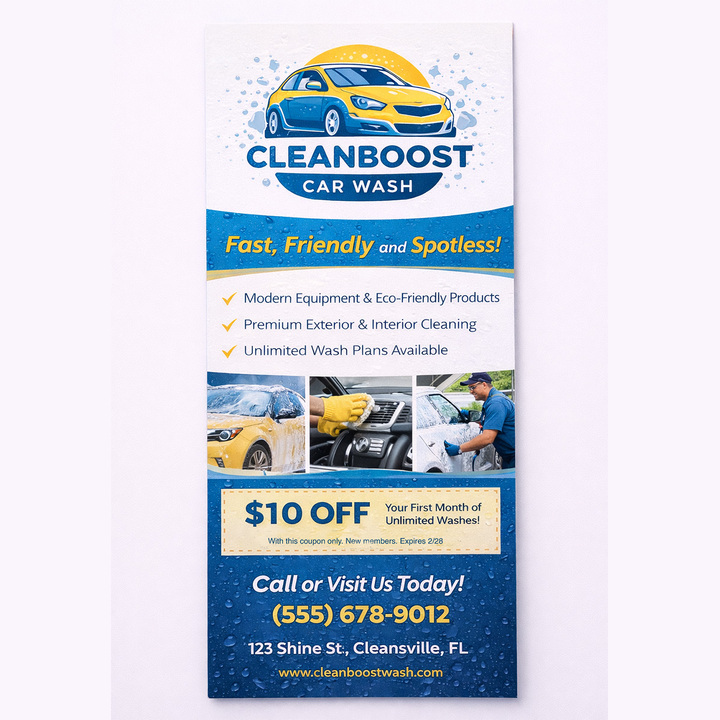 14pt C2S rack cards showing a brilliant, high-shine UV gloss front for a car wash business
