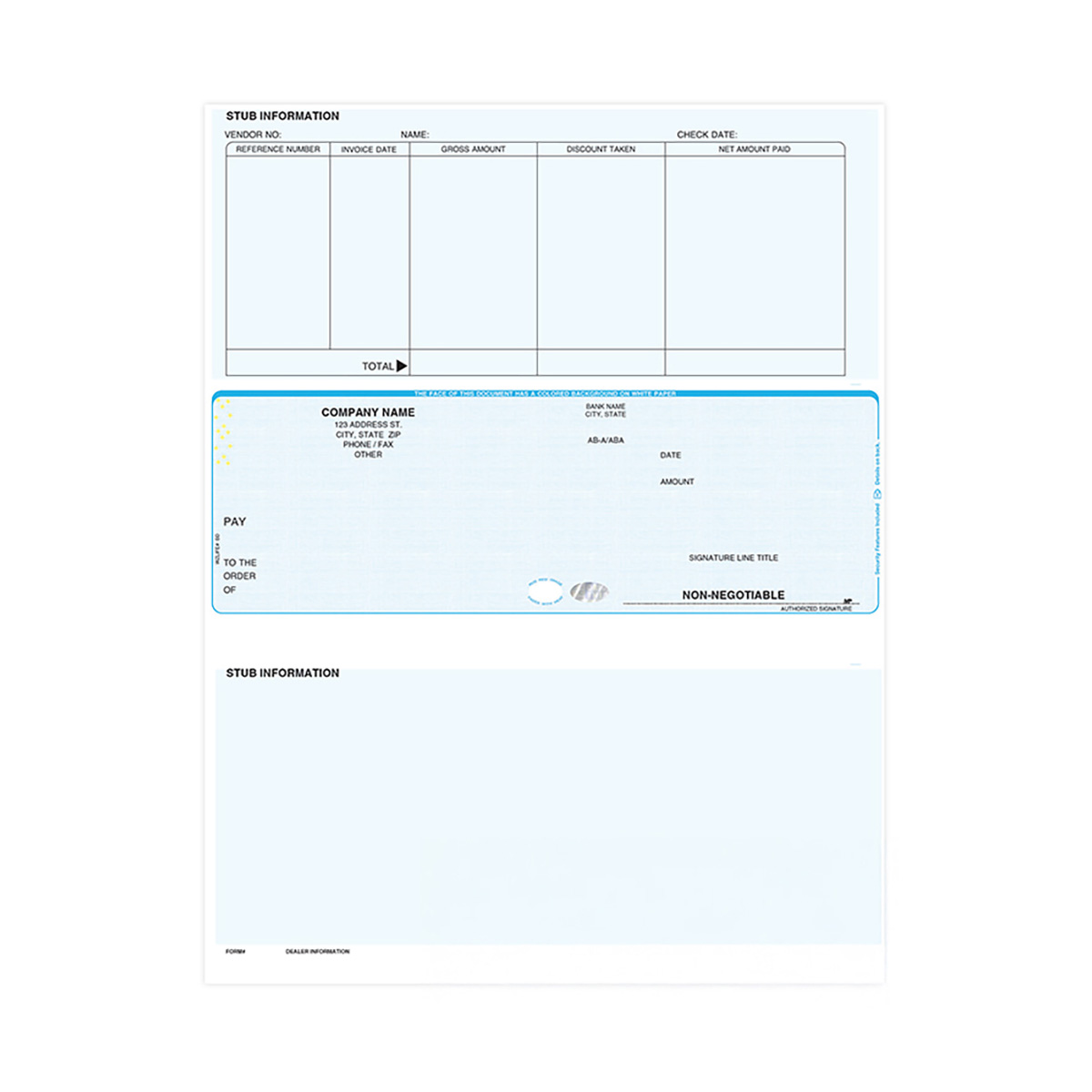 Sage compatible laser middle payroll checks with stubs on top and bottom