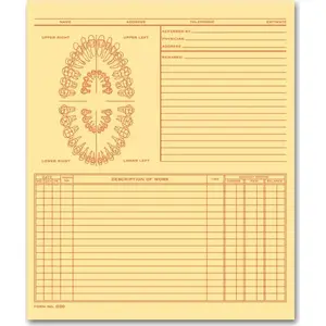 Buff-colored folder-style dental exam record with unnumbered teeth diagram and orange ink printing