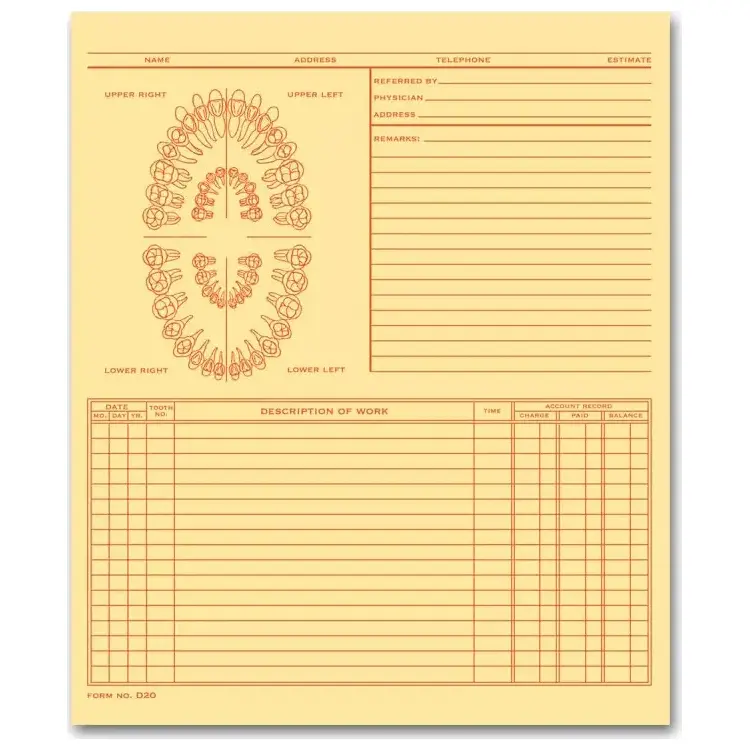 Buff-colored folder-style dental exam record with unnumbered teeth diagram and orange ink printing