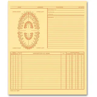 Buff-colored folder-style dental exam record with unnumbered teeth diagram and orange ink printing