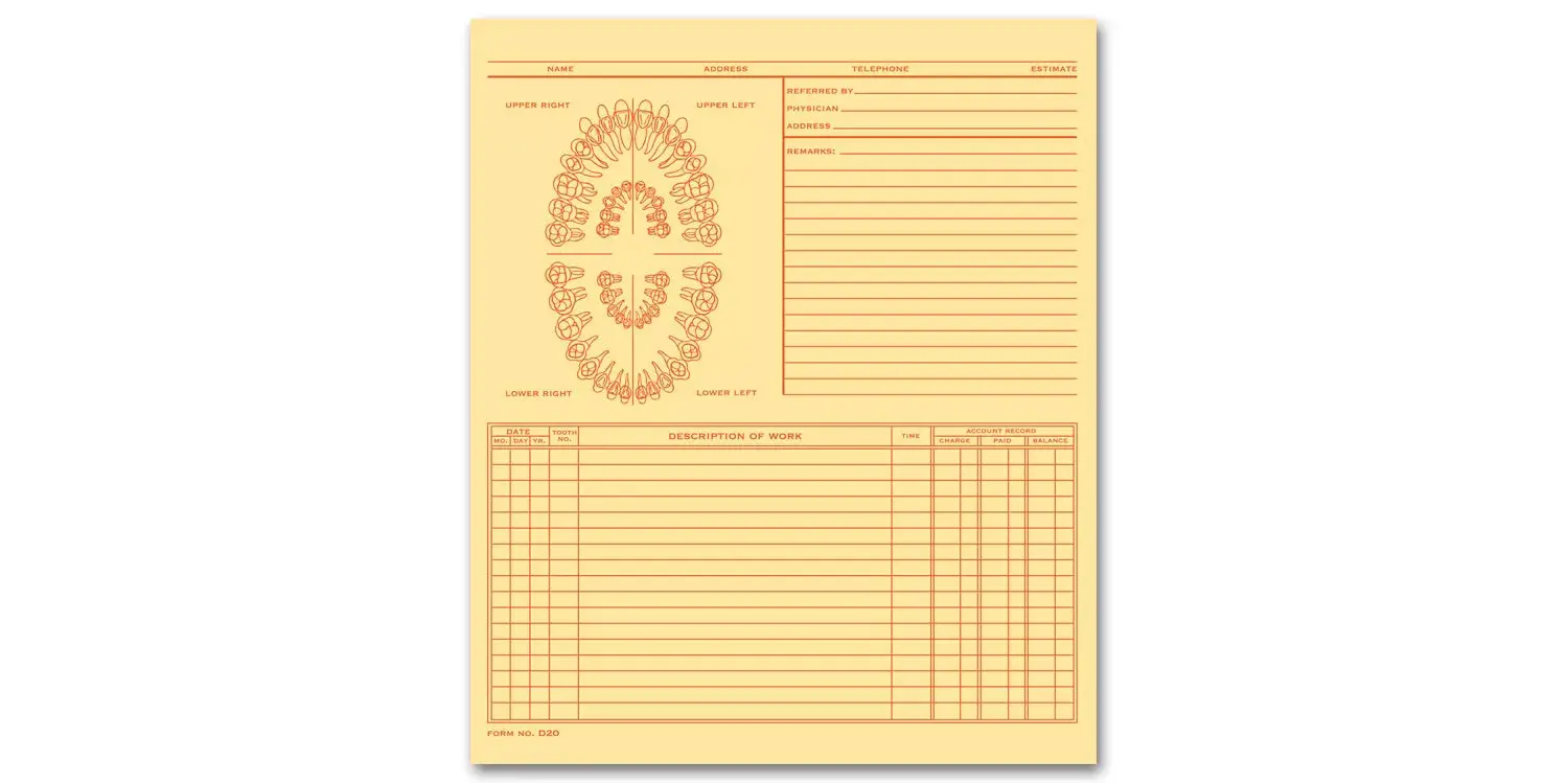 Buff-colored folder-style dental exam record with unnumbered teeth diagram and orange ink printing