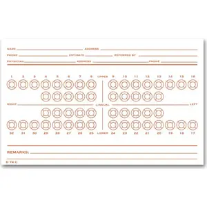 Folder-style dental exam record with numbered teeth diagram printed in orange ink
