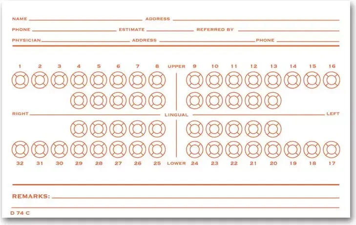 Folder-style dental exam record with numbered teeth diagram printed in orange ink