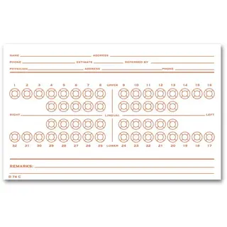 Folder-style dental exam record with numbered teeth diagram printed in orange ink