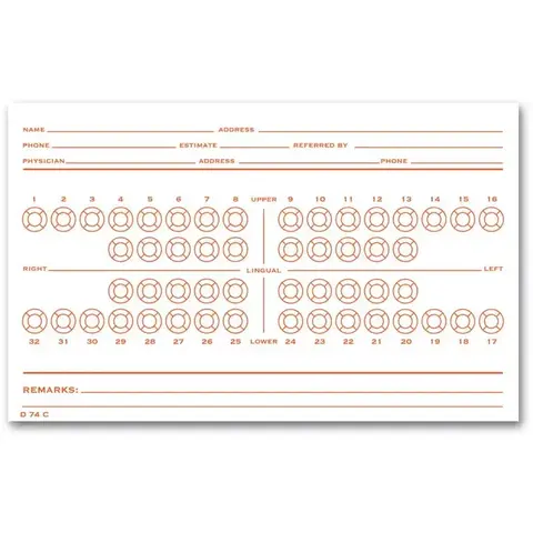 Folder-style dental exam record with numbered teeth diagram printed in orange ink