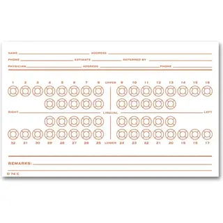 Folder-style dental exam record with numbered teeth diagram printed in orange ink