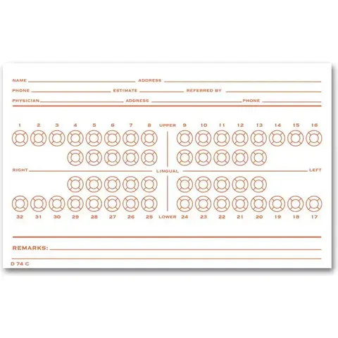 Folder-style dental exam record with numbered teeth diagram printed in orange ink