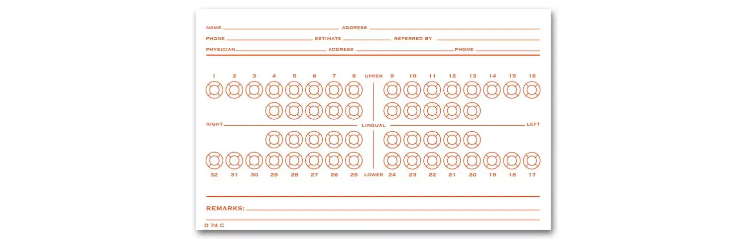 Folder-style dental exam record with numbered teeth diagram printed in orange ink