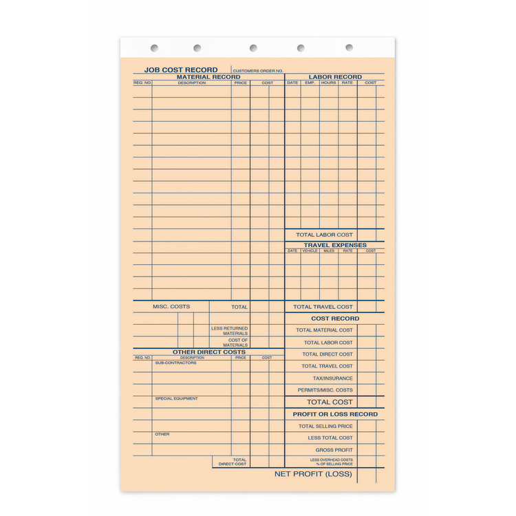Job cost record sheet for material and labor on compact invoices
