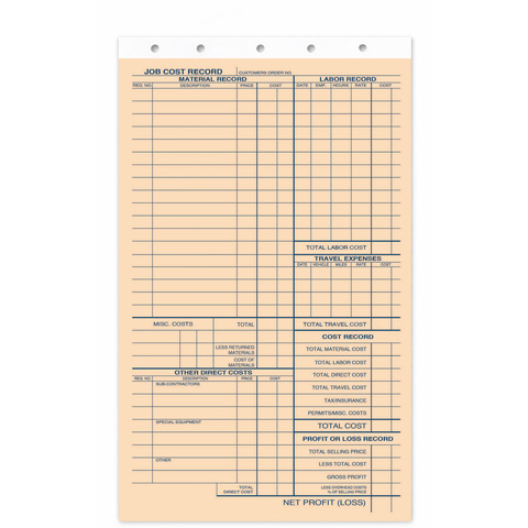 Job cost record sheet for material and labor on compact invoices
