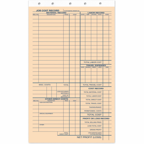 Job cost record sheet for material and labor on compact invoices