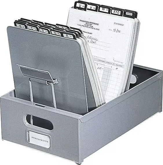 Industrial-grade black steel posting file designed for 9 1/4 x 6 1/2 inch ledger cards