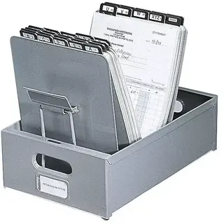 Industrial-grade black steel posting file designed for 9 1/4 x 6 1/2 inch ledger cards