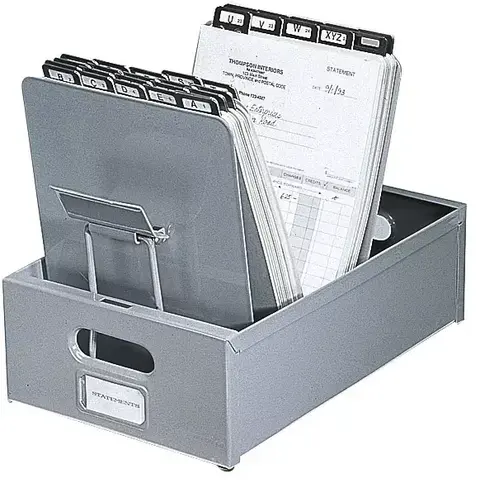 Industrial-grade black steel posting file designed for 9 1/4 x 6 1/2 inch ledger cards