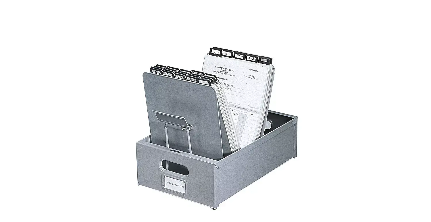 Industrial-grade black steel posting file designed for 9 1/4 x 6 1/2 inch ledger cards
