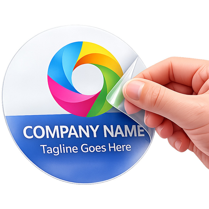 A 3-inch circular static cling decal on a glass surface featuring a custom business logo and text