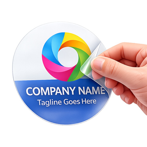 A 4-inch circular static cling label on a glass surface featuring a custom business logo and text