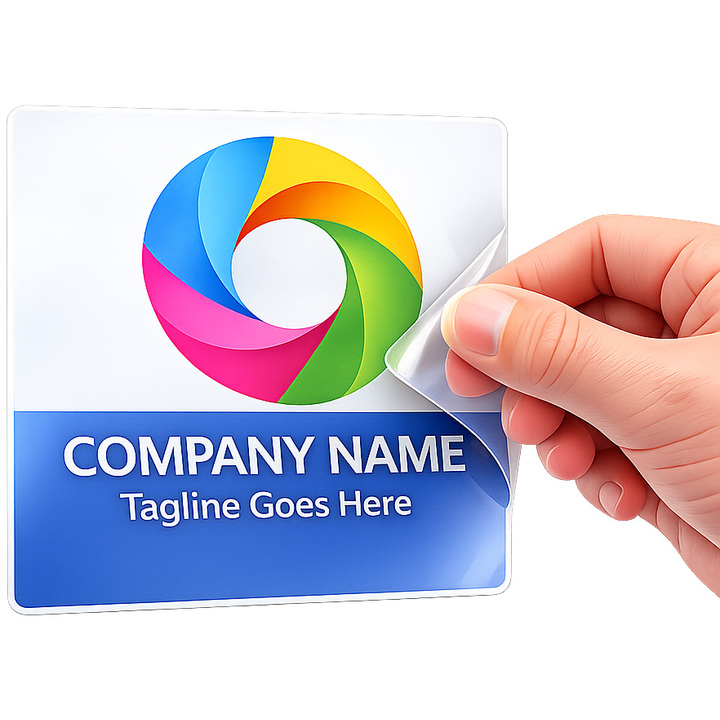A 3-inch square static cling decal on a glass door showing a custom business logo and text