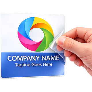 A 4-inch square static cling decal on a glass door showing a custom business logo and text