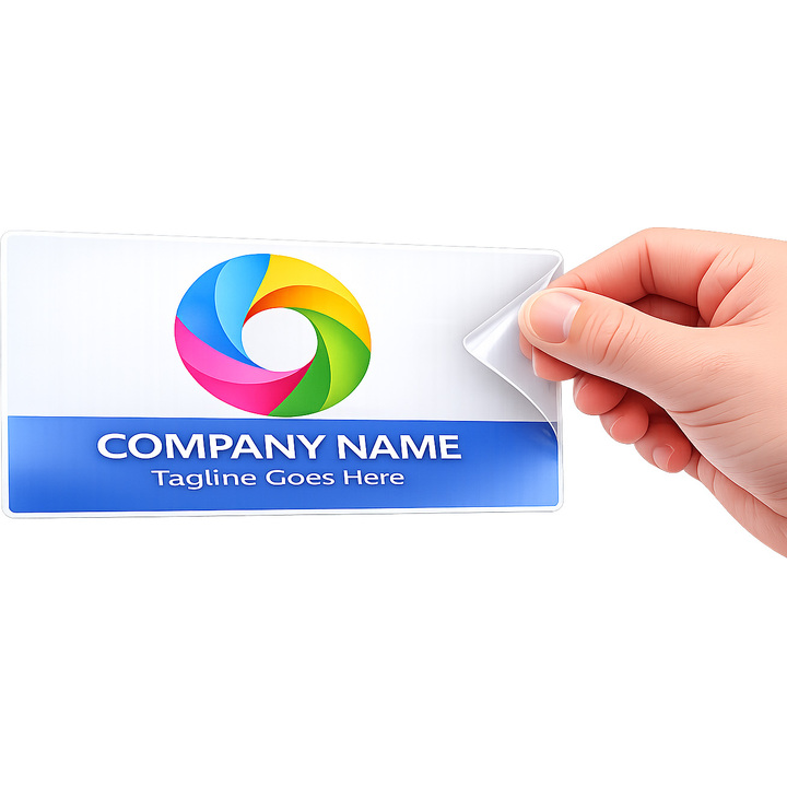 A 5x3 rectangular window static cling oil with a custom business logo
